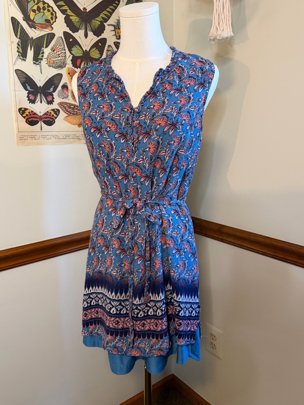 Blue Floral Sleeveless Tie-Waist Sundress